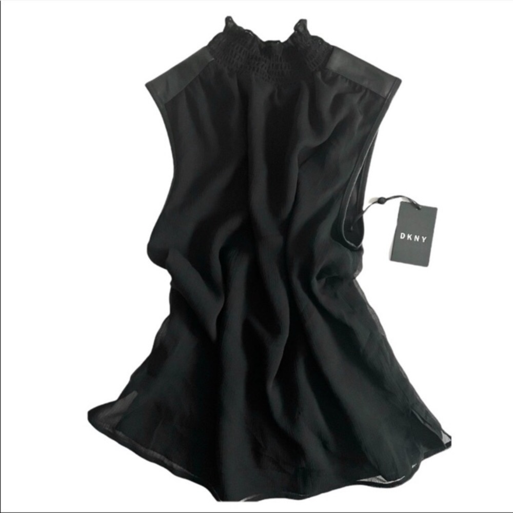 Drapey Blouse NWT DKNY Ruffle Neck Top Sleeveless Black Summer Lined Shirt XS